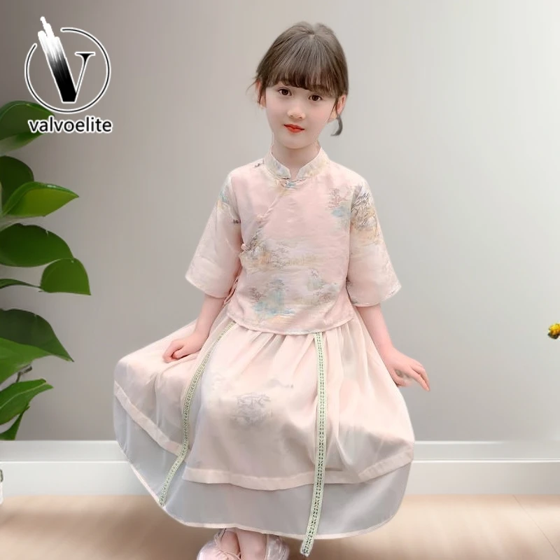VALVOELITE新款女童汉服夏季2025年新中式国风套装女孩古风两件套