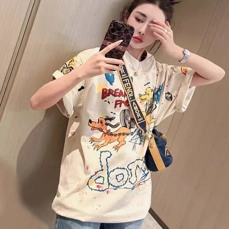 欧货重工手绘t恤女短袖夏季2024新款时尚宽松显瘦设计感上衣10337