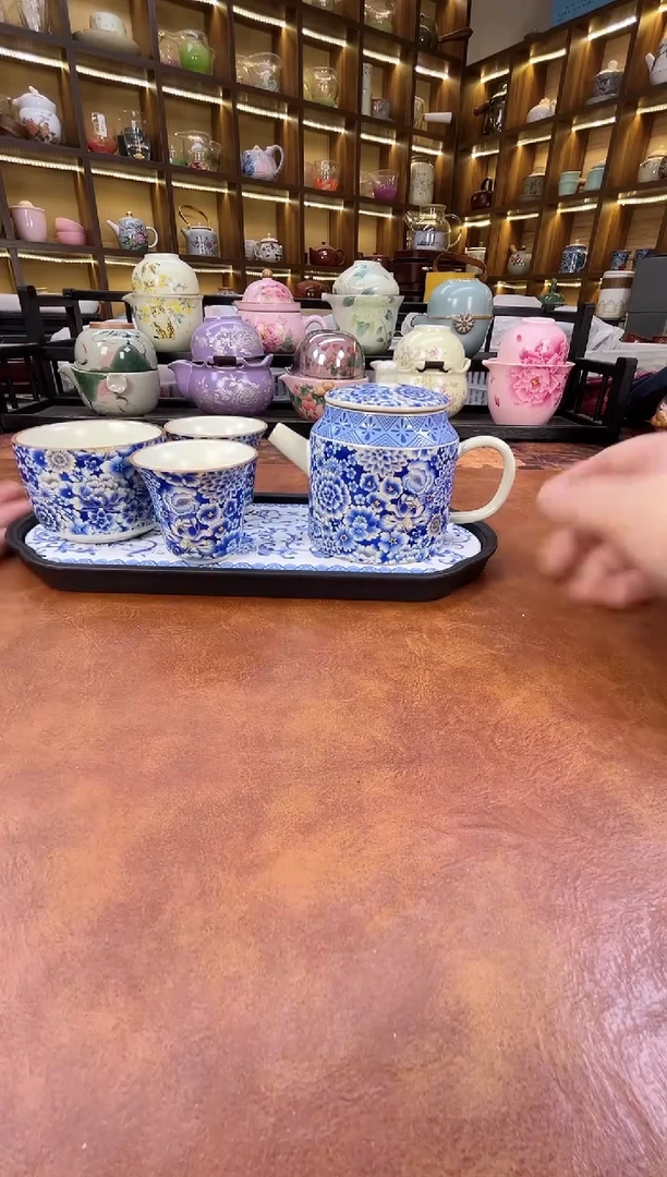 黄汝青花宝瓶旅行套装+长方青花盘