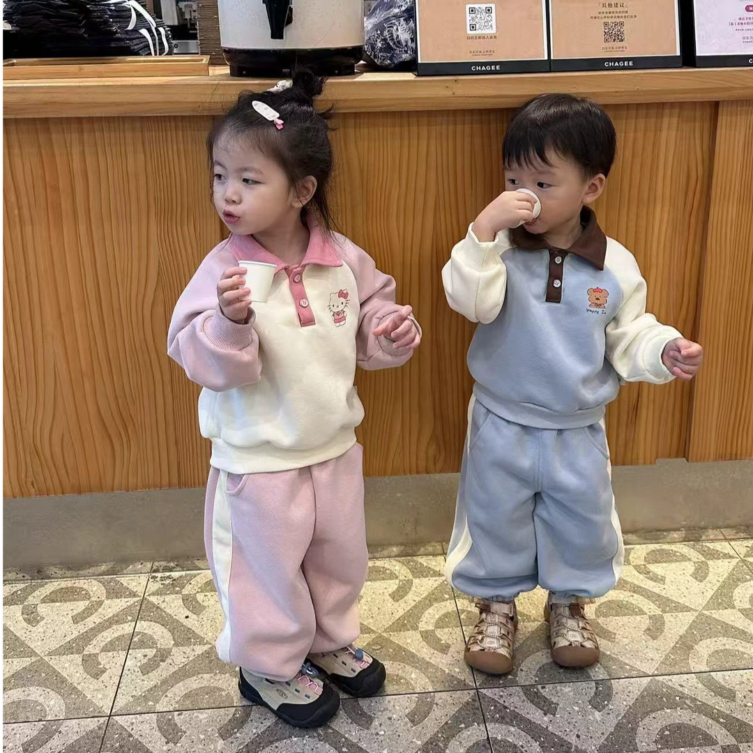 壹妈韩版童装男童女童套装秋装洋气儿童卡通印花卫衣休闲裤两件套