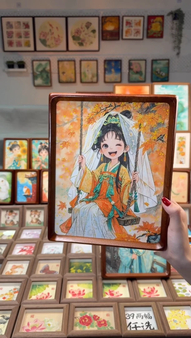 国画枫叶秋千女孩 手绘国画10