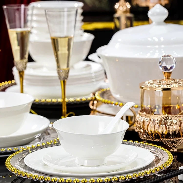 景德镇高温纯白色釉下彩圆形餐具碗碟盘子套装家用简约碗盘餐具