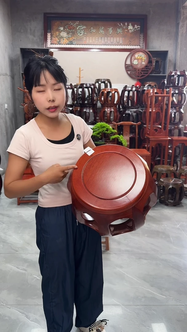 花梨木类端景台【微瑕】花梨色小号鼓凳单个1号