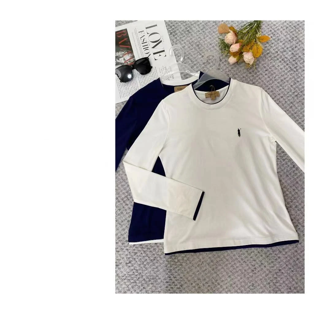 【拼色桑蚕丝】秋冬休闲百搭假两件T恤打底上衣2025春游长袖打底