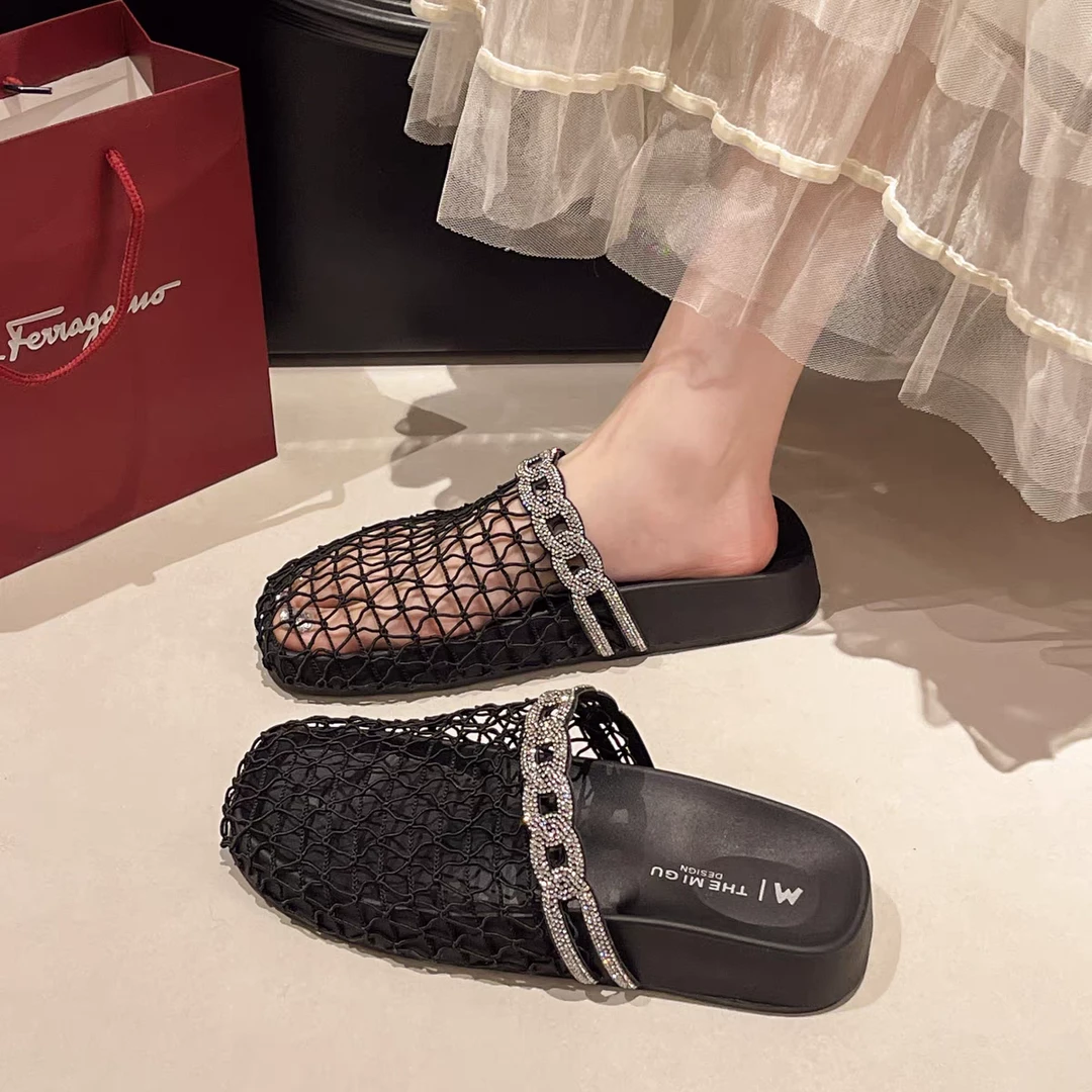 【305】穆勒鞋女2025新款夏女鞋平底网面半拖鞋英伦风包头镂空凉拖