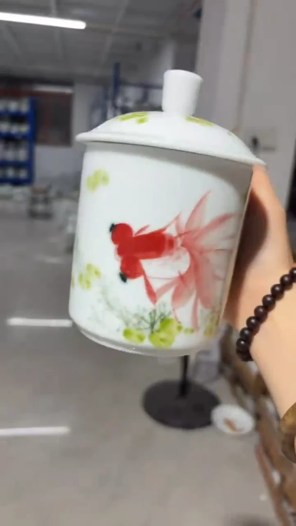 瓷片景德镇手绘釉中彩（食品级）带盖办公杯