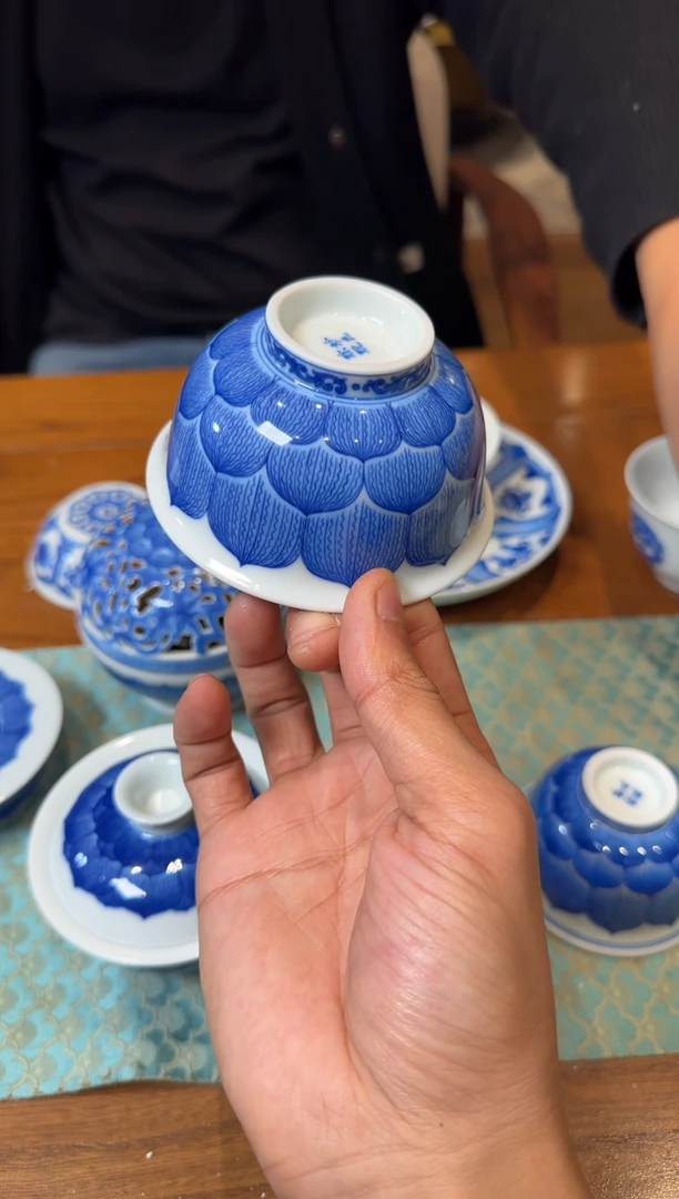妙色 青花佛莲压手杯