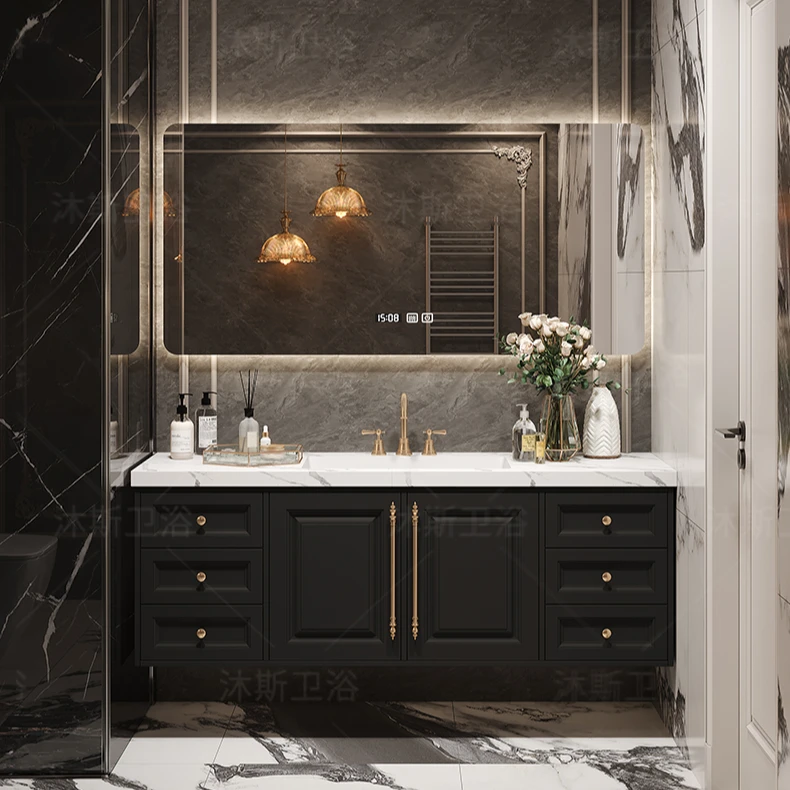 美式浴室柜组合定制一体盆实木橡胶木洗手洗脸盆柜法式轻奢洗漱台