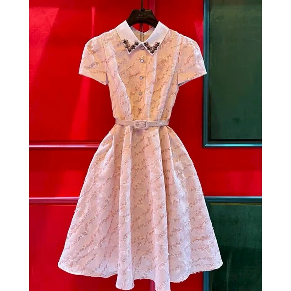 夏季款气质名媛高端女神范高级感小众设计小香风粉色连衣裙S5838