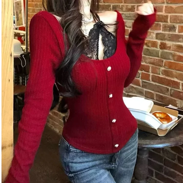 美式纯欲辣妹蕾丝蝴蝶刺绣设计针织T恤秋冬性感修身显瘦打底上衣