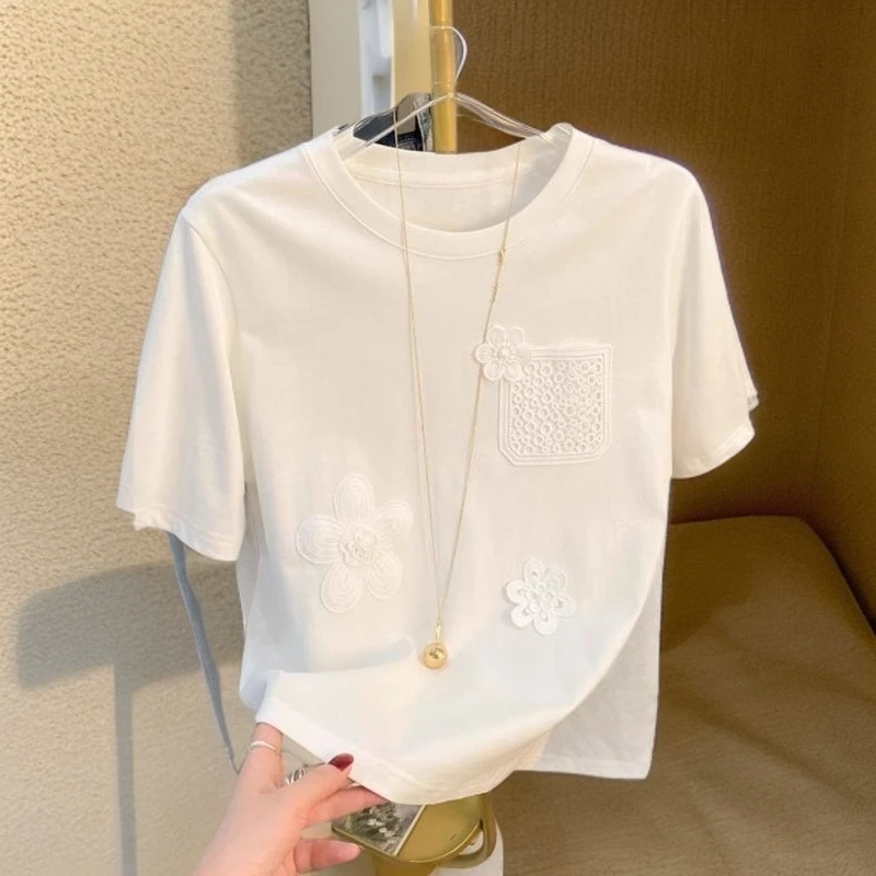 大码300斤韩系小清新植物花朵刺绣短袖纯棉T恤女2025新款显瘦上衣