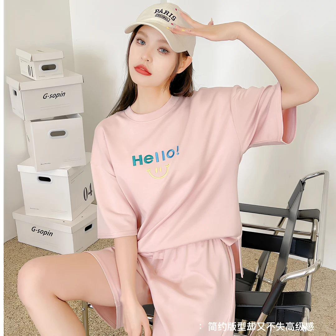休闲运动套装女款2025夏季居家多巴胺穿搭笑脸短袖短裤女装2件套
