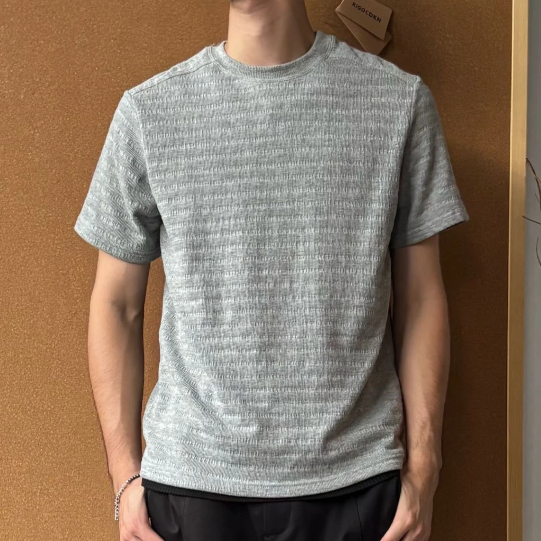 RIGOCOKN美式cleanfit小众设计正肩肌理纹三色短袖男女同款T恤
