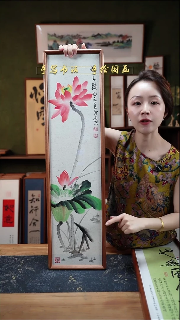 国画CL荷花-荷之韵22×82㎝手绘同款实木