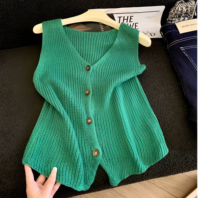 夏季新款显瘦纽扣背心外穿马甲女百搭时尚洋气无袖宽松针织开衫