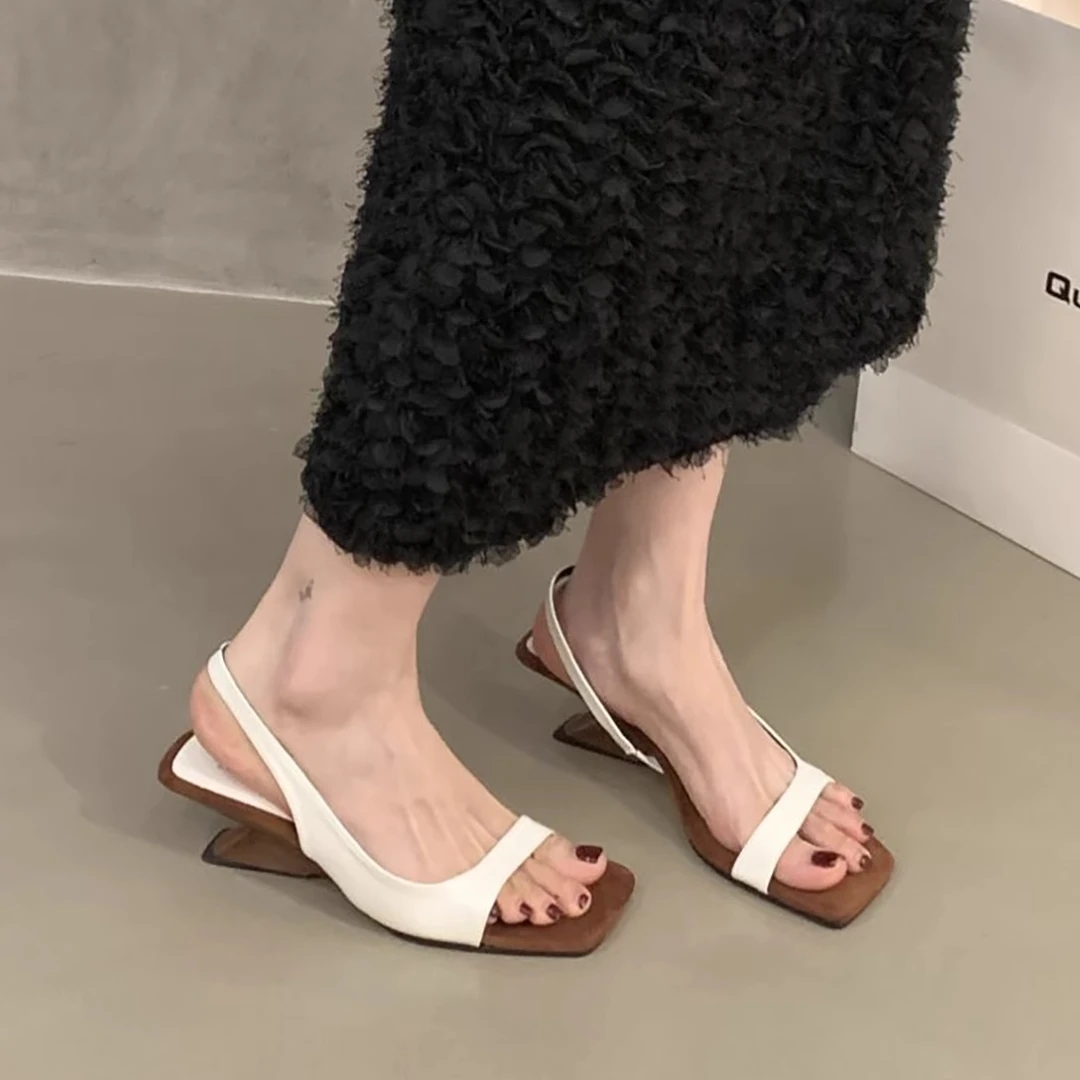 法式坡跟一字带凉鞋女温柔气质露趾高跟鞋配裙仙女罗马鞋小众方头