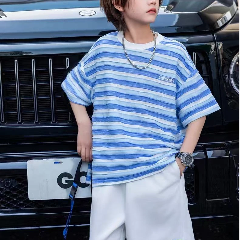 儿童上衣长袖T恤防晒衣男童蓝色打底衫条纹t恤