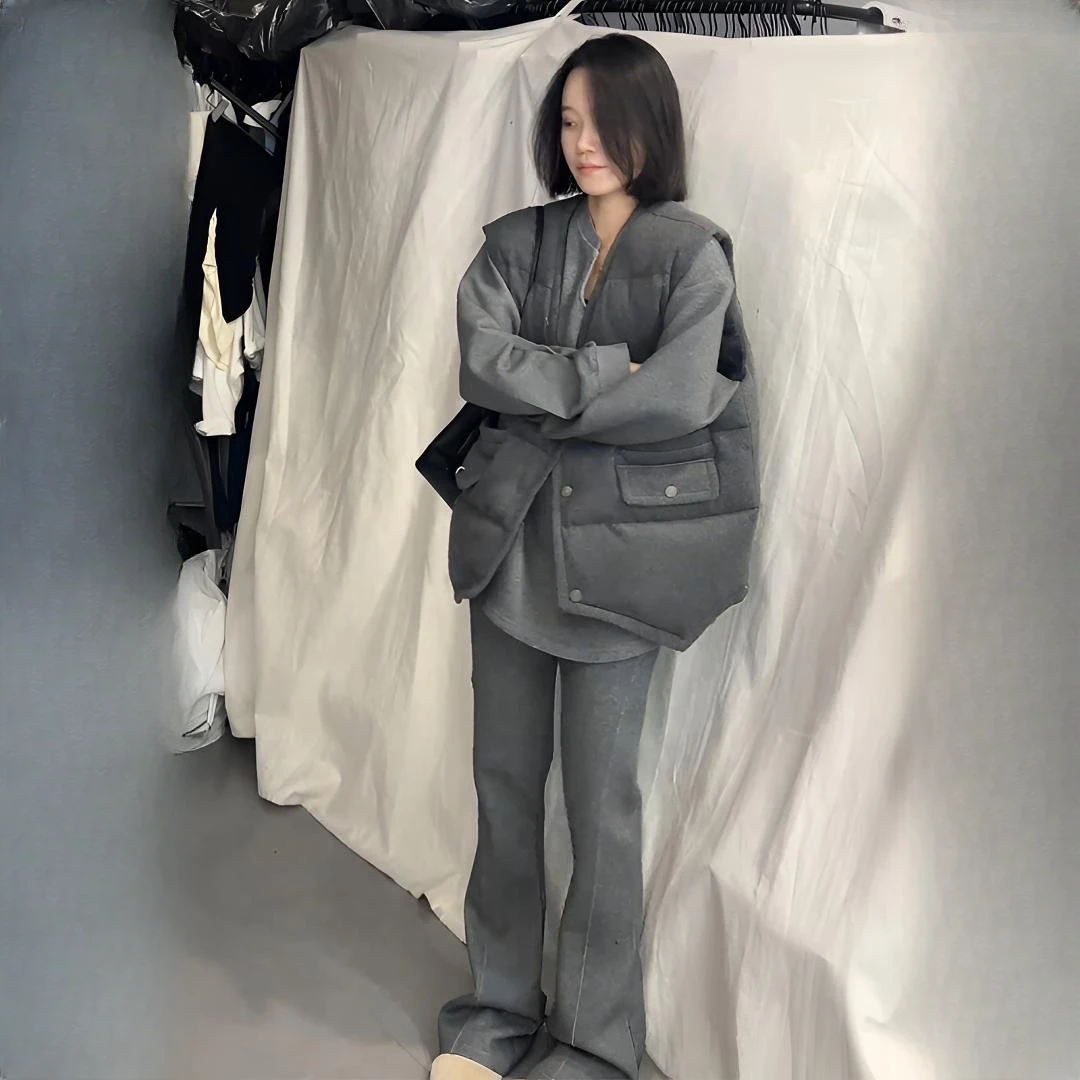 休闲运动套装女装冬季新款酷飒风加厚卫衣微喇长裤棉服马甲三件套