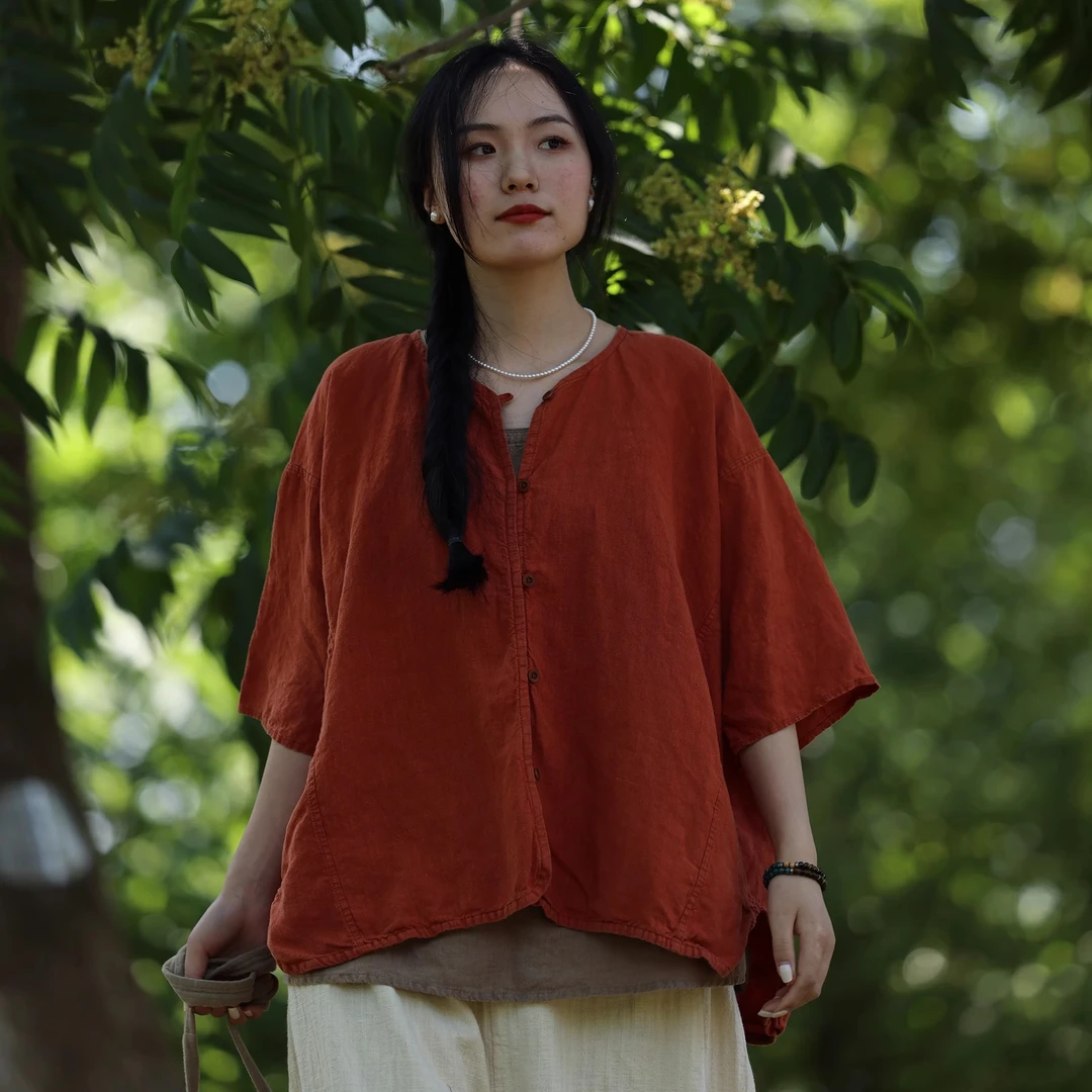 衣路走来原创亚麻圆领做旧开衫中袖衬衫 37791