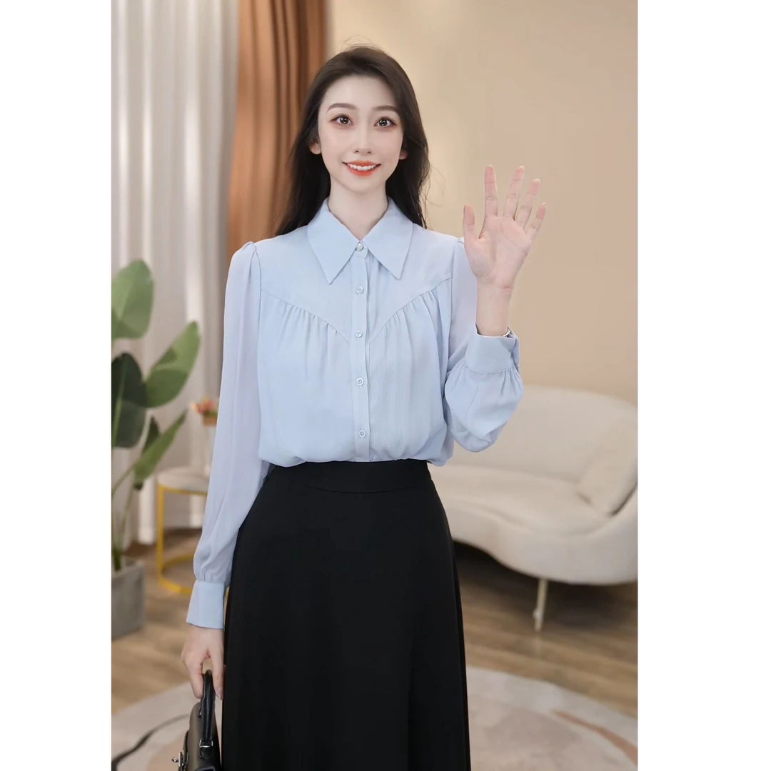 【曼贝】长袖衬衫女宽松气质百搭简约通勤职业上衣8393102【甜甜】