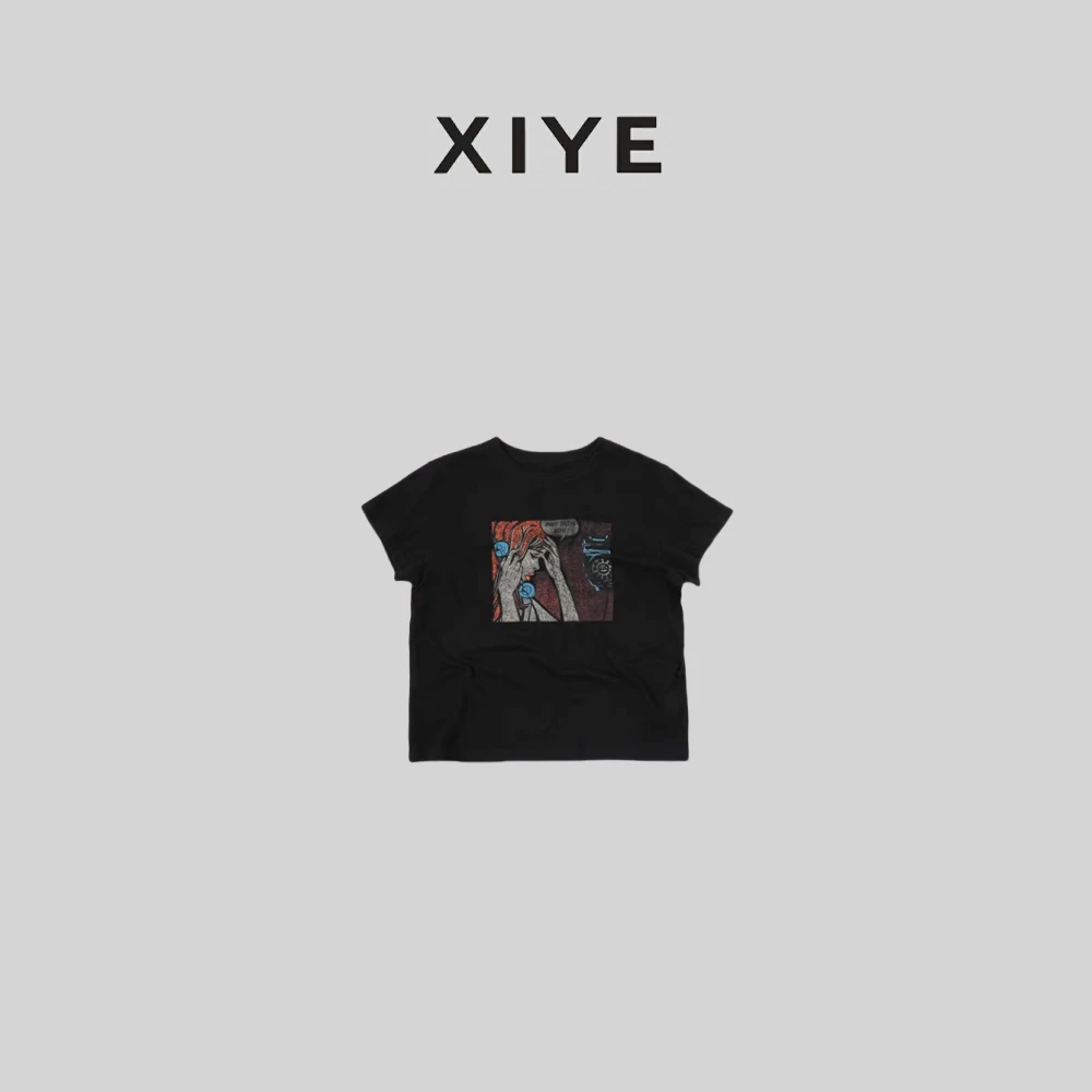 XYE/希野设计宽松图案T恤黑色显瘦百搭短袖上衣圆领设计师款夏季