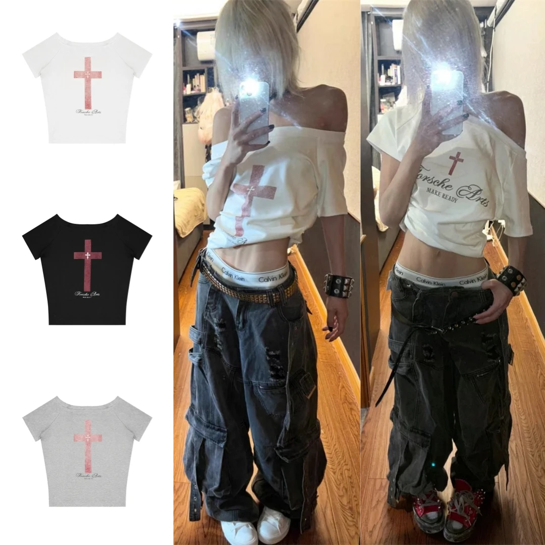 【两面穿】美式辣妹十字架斜肩短袖T恤女夏一字肩宽松显瘦露肩上衣