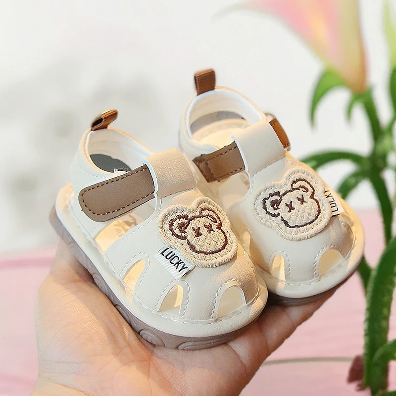 夏季男童学步凉鞋0-6个月女宝宝软底防滑包头卡通1-3岁童鞋叫叫鞋