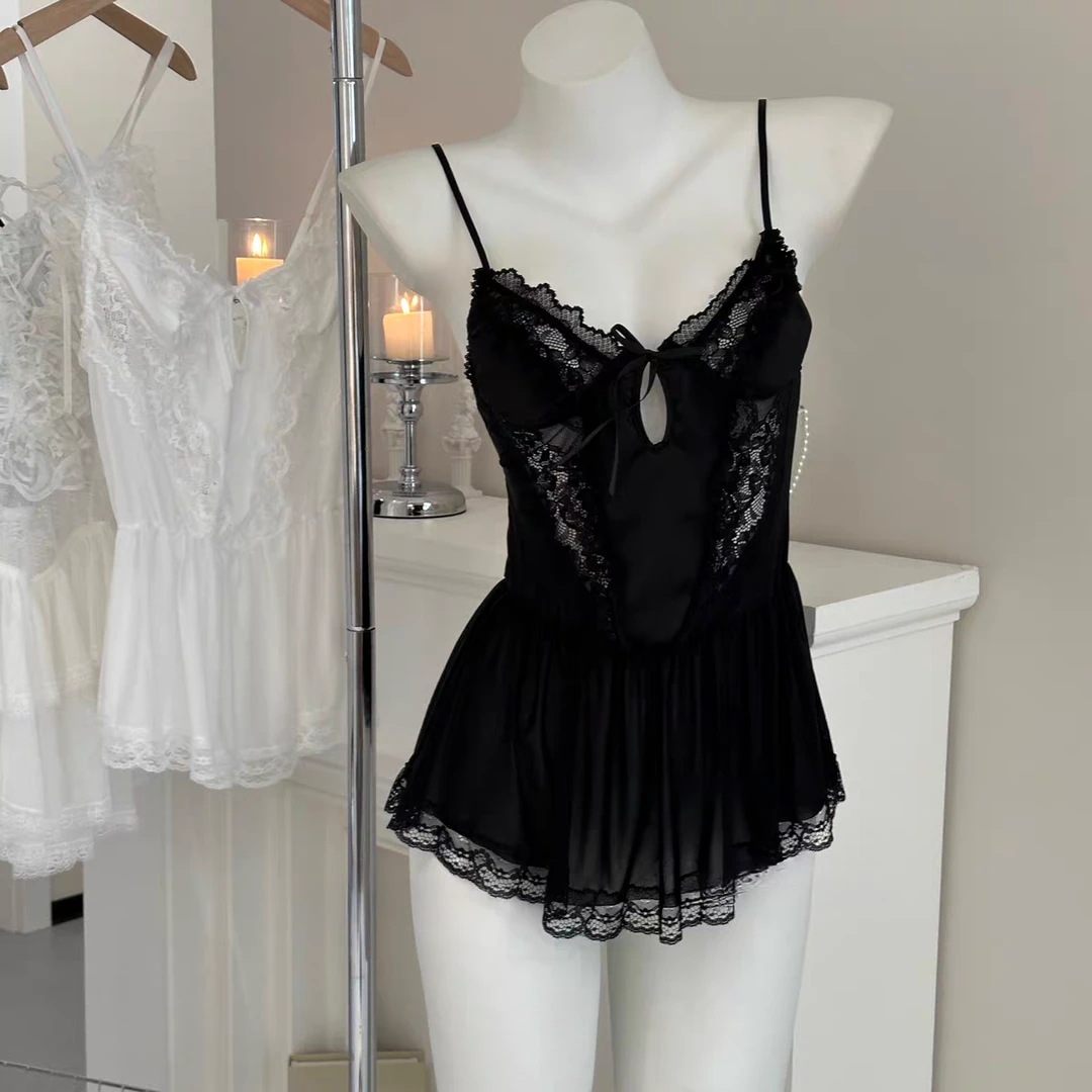 含羞【80-125】蕾丝网纱透视自由甜美性感显瘦吊带裙女睡裙轻奢套装