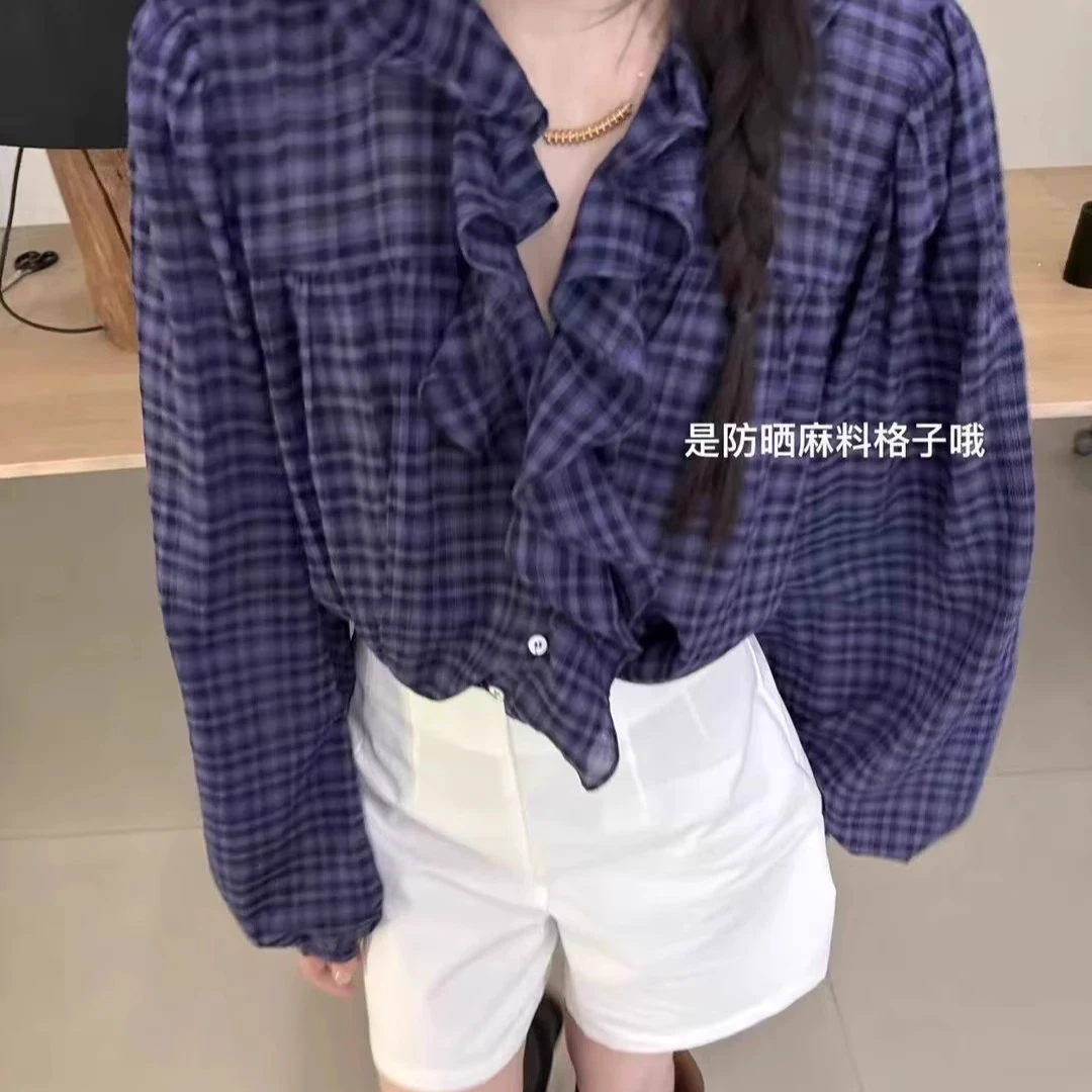 高端货~春夏款设计感荷叶边V领泡泡棉格纹防晒衬衣衬衫女