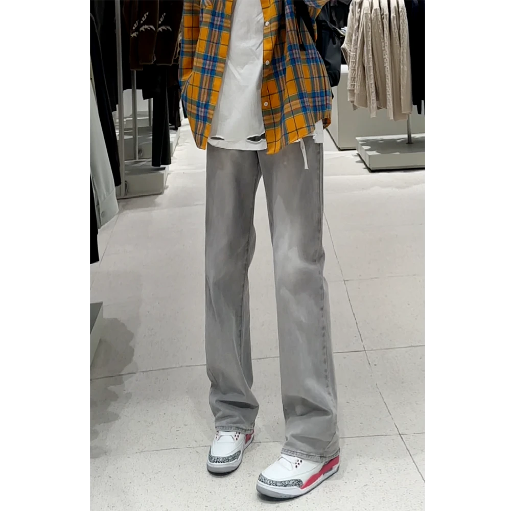 美式cleanfit弹力牛仔裤子男女直筒修身vibe复古水洗烟灰色微喇裤