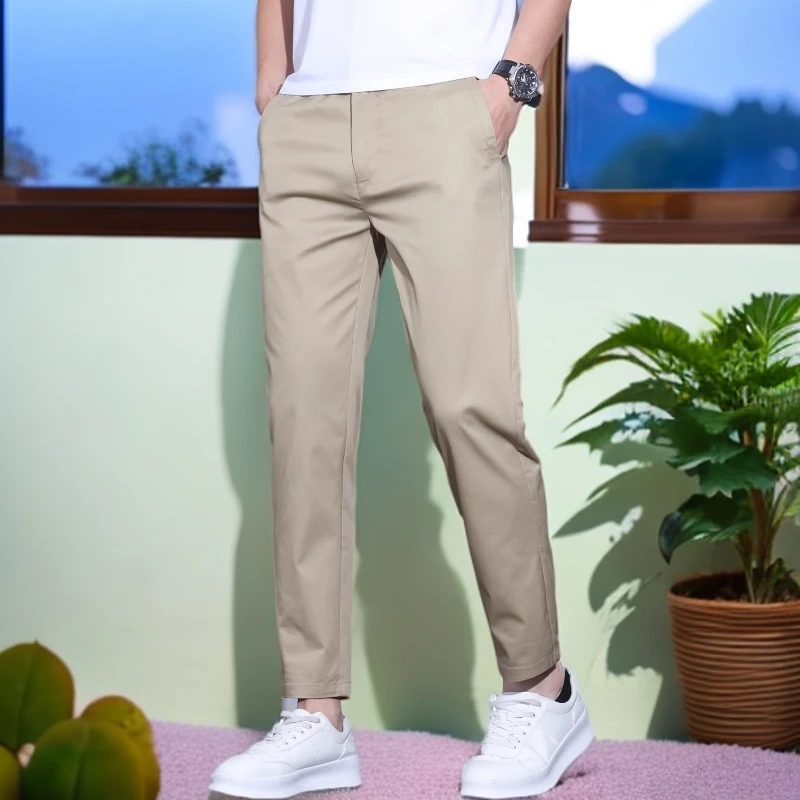 娜罗普西休闲裤男士修身小个子九分裤男裤卡其色裤子新款夏季薄款