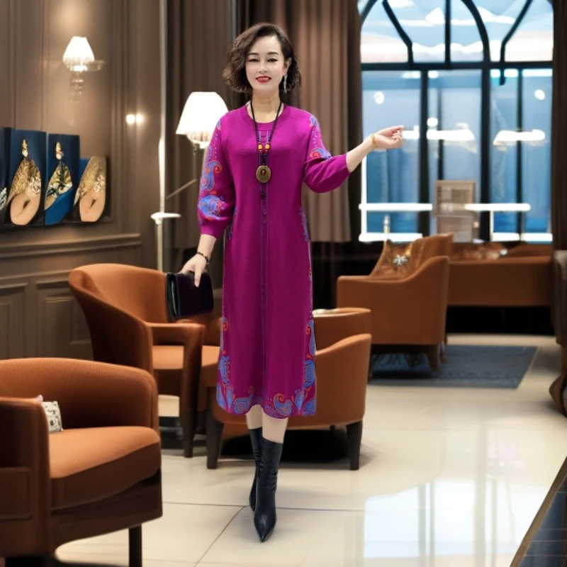 320精品妈妈里面穿打底裙冬季高品质针织连衣裙长款长袖妈妈裙装