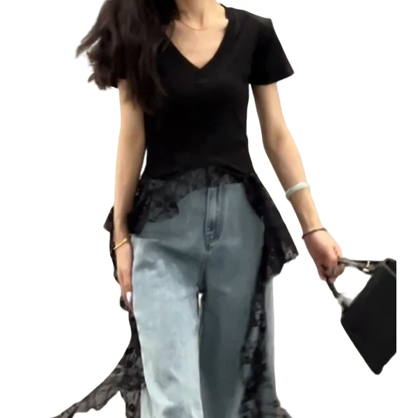 夏季显瘦纯欲辣妹设计感蕾丝拼接修身百搭V领不规则飘带T恤上衣