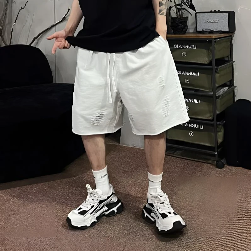 爆款宽松潮色破坏毛边短裤夏季男士简约透气时尚痞帅美式休闲中裤