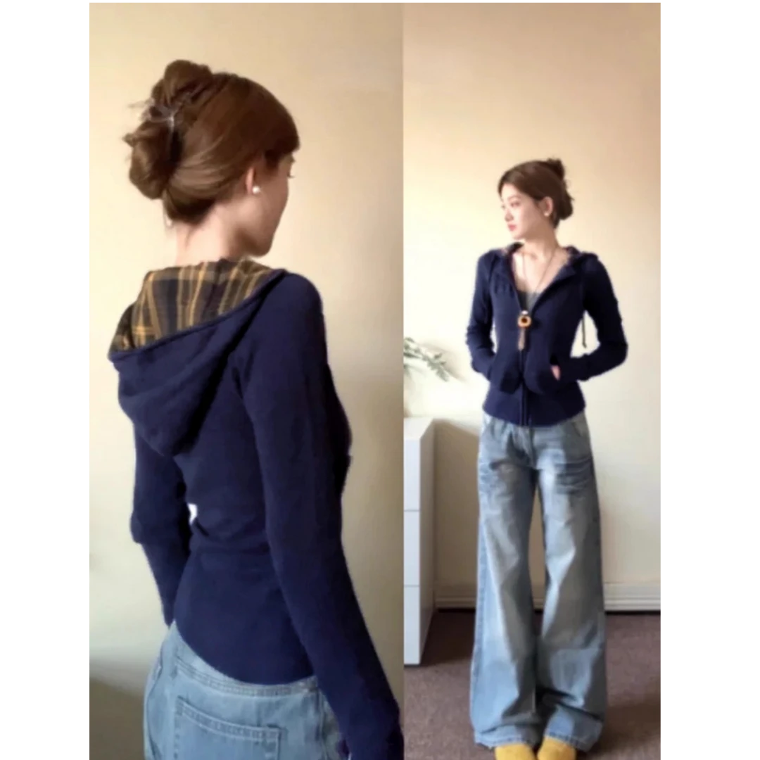 藏青色修身卫衣外套女2025早秋薄款收腰设计感拼黄格上衣显瘦开衫