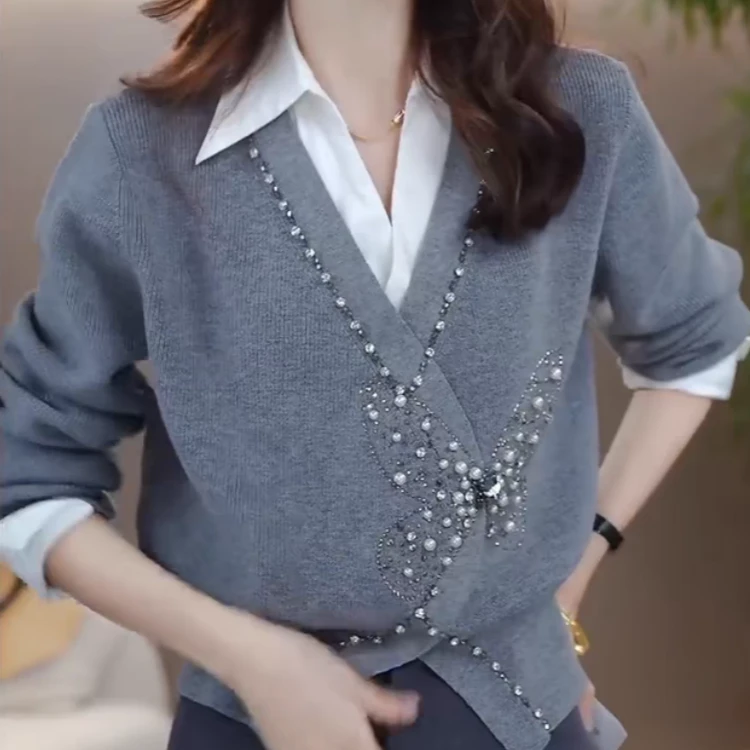 【Jason colors】冬季新款显瘦拼接气质宽松假两件针织衫长袖上衣女