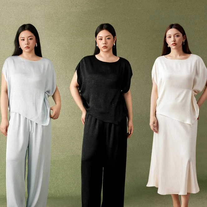 PLUSMALL 夜宴绸光 肌理缎面光泽感罩衫半裙长裤套装PM2505134ABC