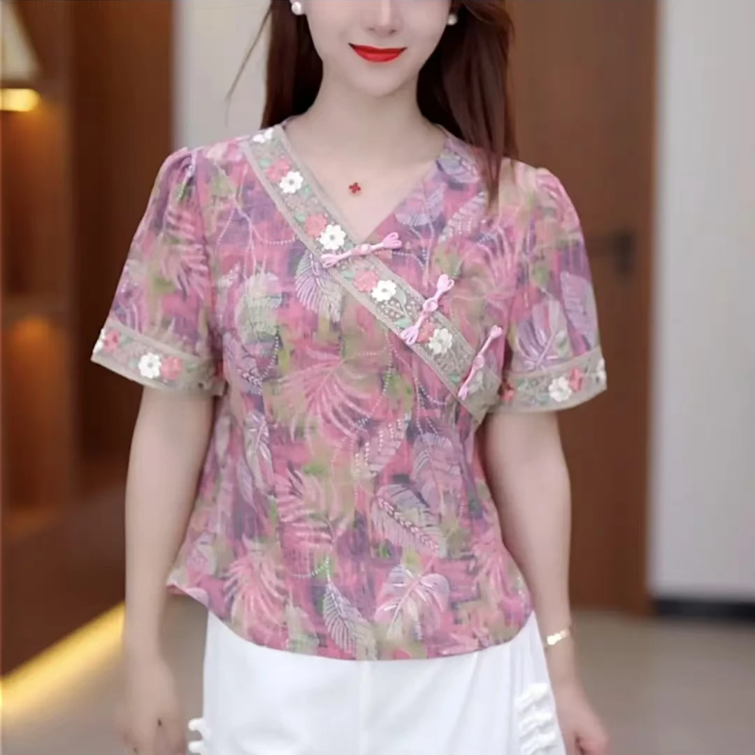2025夏季新中式小衫优雅斜襟盘扣洋气显瘦减龄短袖碎花旗袍上衣