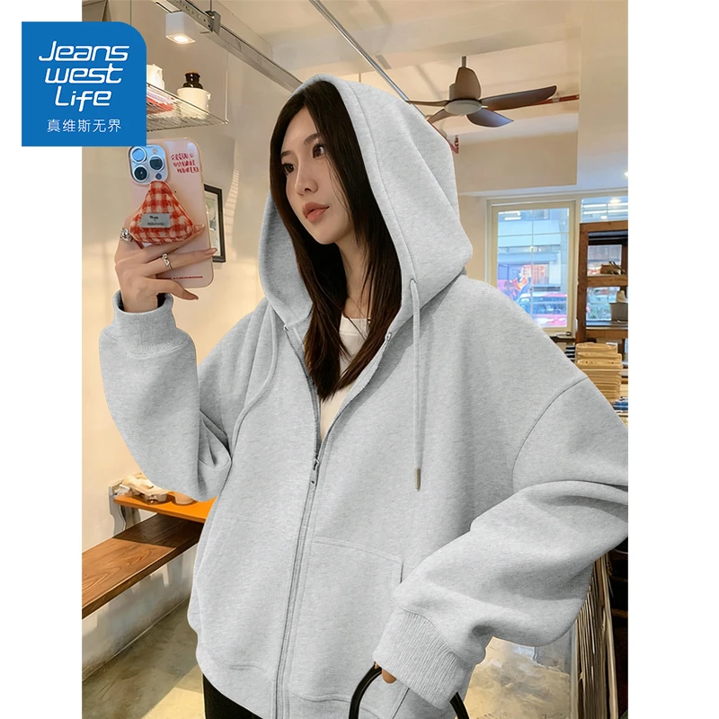 真维斯无界美式复古高街连帽卫衣女春oversize慵懒风拉链开衫外套