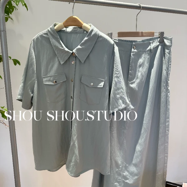 【瘦瘦】浪漫宣言-大码夏摁扣短袖衬衫+半松紧门襟半裙套装S01640