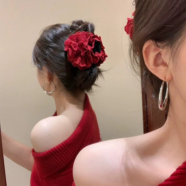 蕾丝镂空花朵抓夹女后脑勺盘发夹头饰半扎发鲨鱼夹发卡发饰夹子