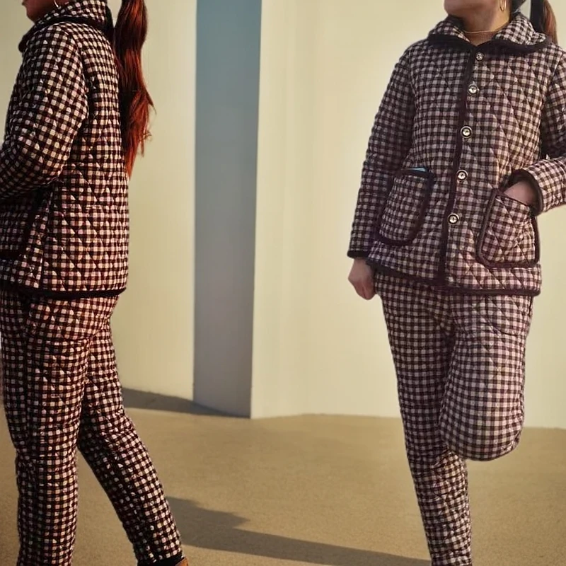 加厚款黑白格子棉衣+棉裤套装666