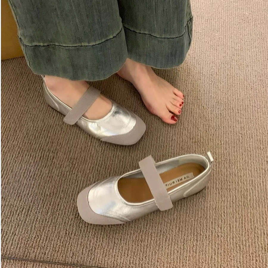 复古方头银色拼接浅口单鞋女春夏秋2025年新款仙女休闲平底玛丽珍