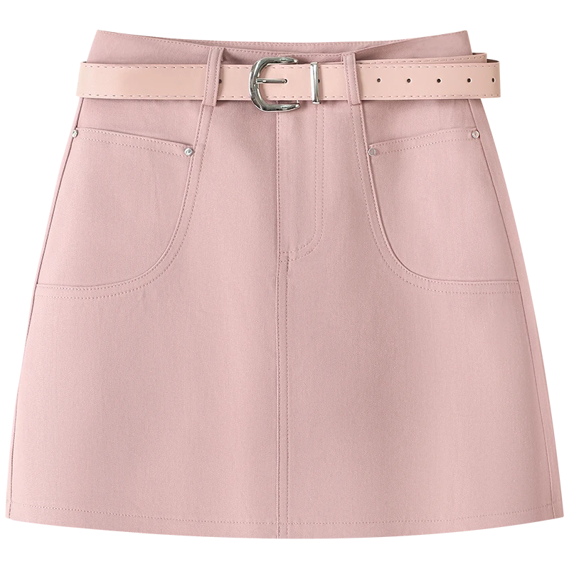 慕兔韩系甜美粉色牛仔短裙女夏2024新款小个子高腰显瘦a字半身裙