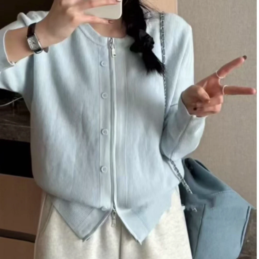 春秋新款双拉链针织开衫外套时尚休闲百搭纯色套头打底长袖修身