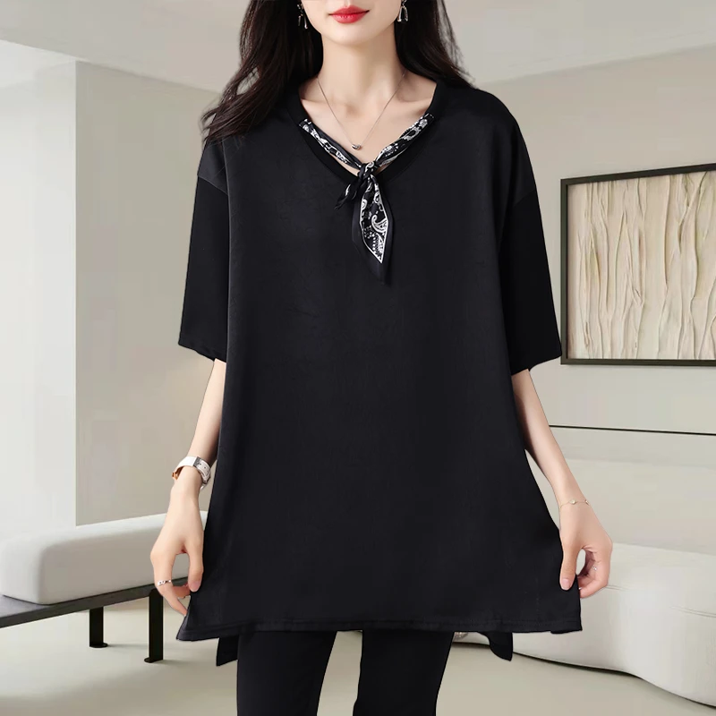 黑色V领丝巾短袖t恤女2025夏季新款时尚宽松大码显瘦休闲气质上衣
