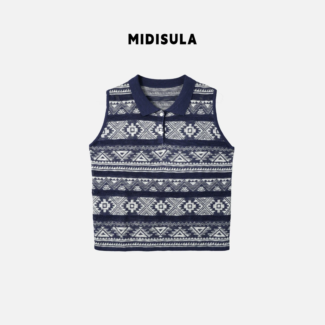 阿玉家&夏新款圆领绣花无袖欧货宽松百搭菱形纹polo领针织衫#1068