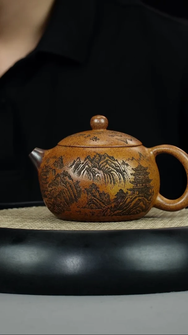 茶壶紫砂龙骨金砂 西施 刻绘山水