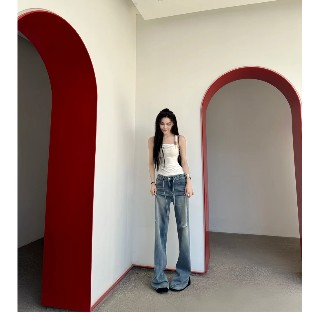 猫猫加长女裤高个子直筒烫钻破洞牛仔腰带阔腿牛仔裤