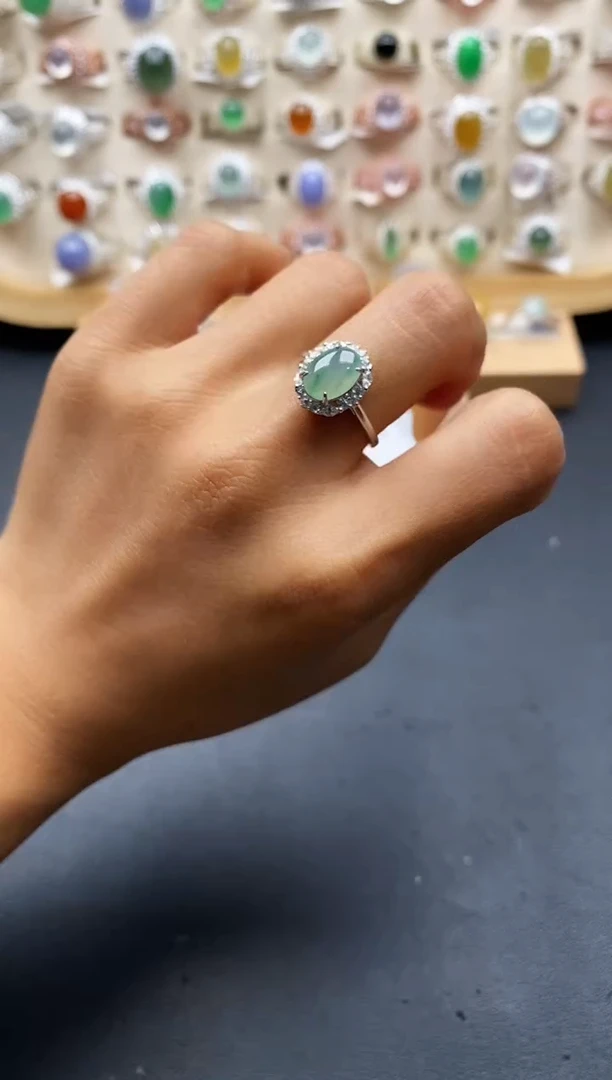 银S925镶嵌戒指翡翠缅甸天然A货翡翠1 9-